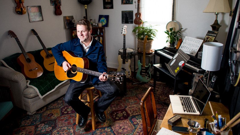 Bloomington IN guitar teacher, Sam Finley in his studio